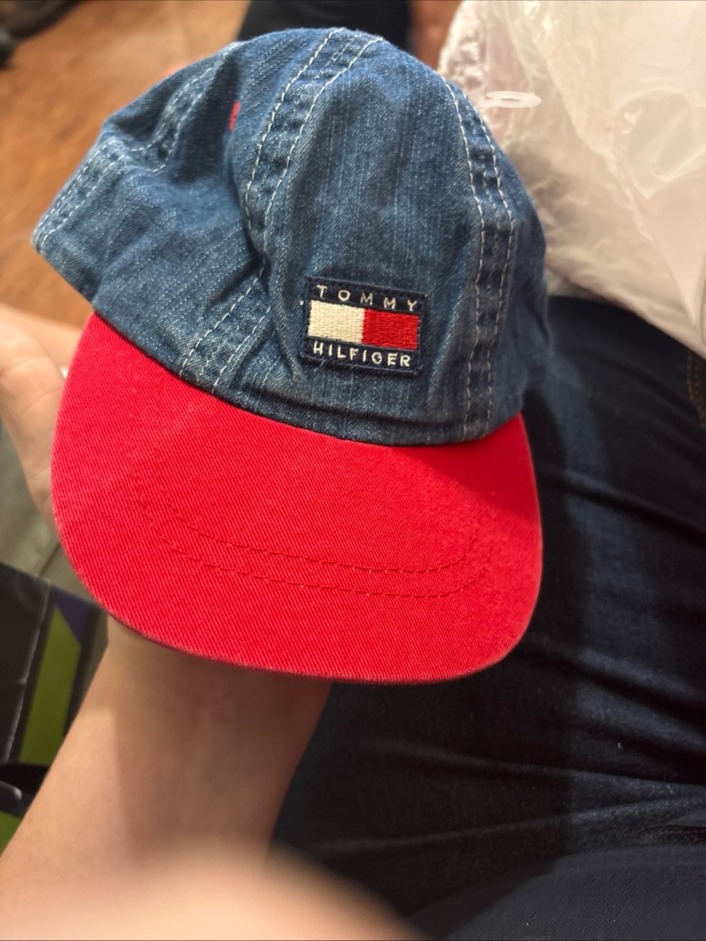 Tommy Hilfiger Kids Blue Denim Cap with Red Brim and Flag Logo